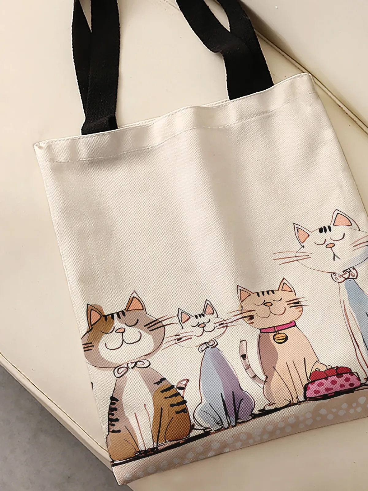 sac fourre-tout avec impression de chatons en dessin animé avec nœud papillon, sac à bandoulière de grande capacité pour le shopping, les voyages et l'usage quotidien