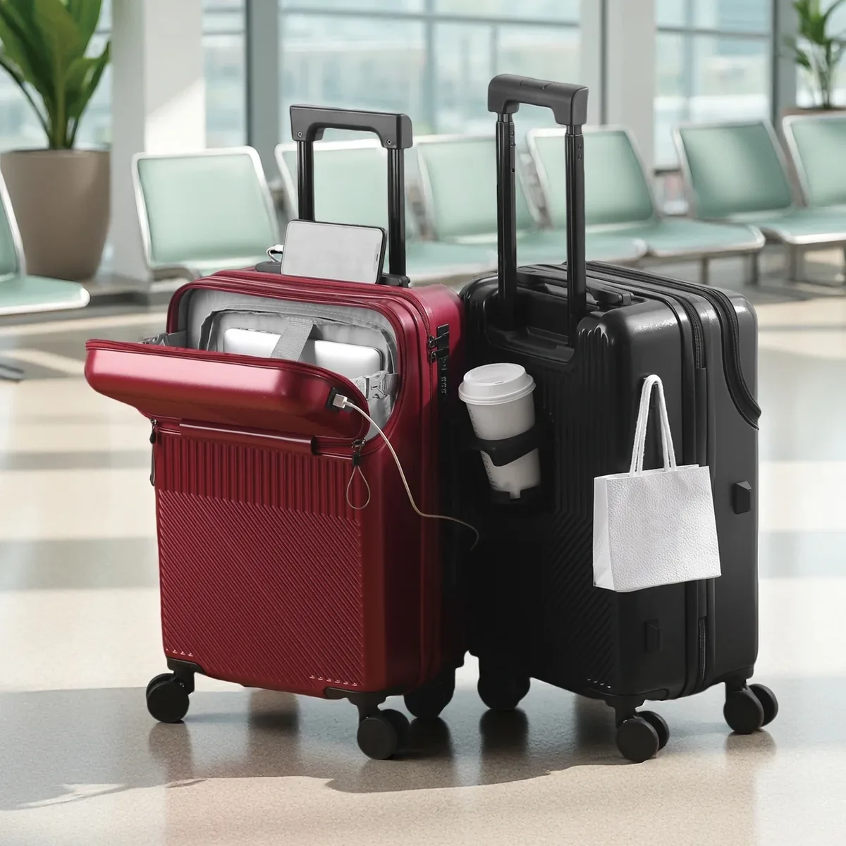 valise multifonctionnelle à ouverture frontale avec fermeture éclair, porte-gobelet, support latéral et crochet de maintien, bagage à roulettes