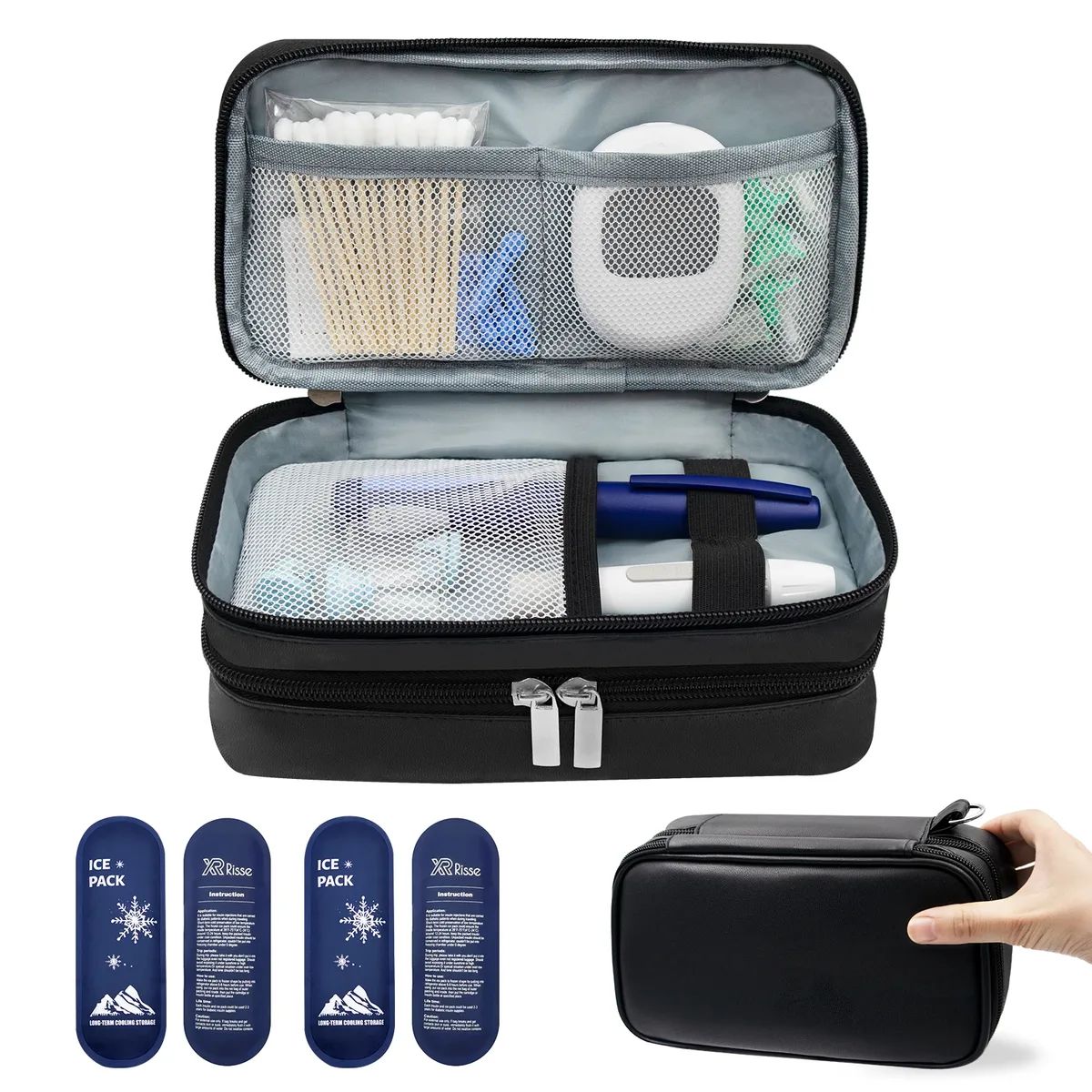 sac à insuline pour diabétiques – étui double couche en cuir pu pour stylos à insuline, kits de test, organisateur médical de voyage avec poignée