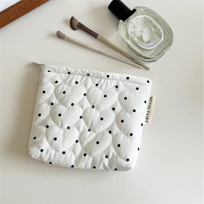 sac à cosmétiques en toile à pois pour femmes, trousse de maquillage kawaii douce et mignonne, sac de rangement de grande capacité à main de noël pour filles