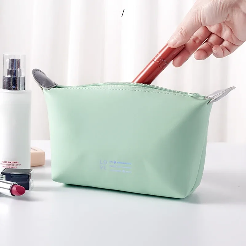 trousse pu leather solid color zip cosmétique vert pastel rose pâle gris perle petite pochette rectangulaire voyage beauté maquillage