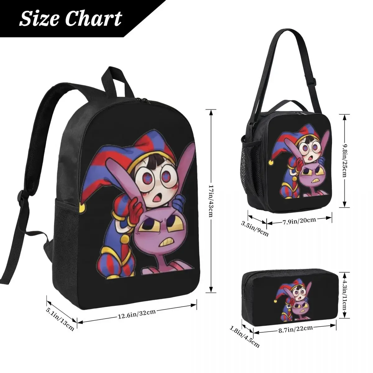 pomni tadc jax l'incroyable cirque sac à dos garçon filles bookbag sac d'école ordinateur portable sacs à bandoulière 3ps sac à déjeuner isolé trousse à crayons