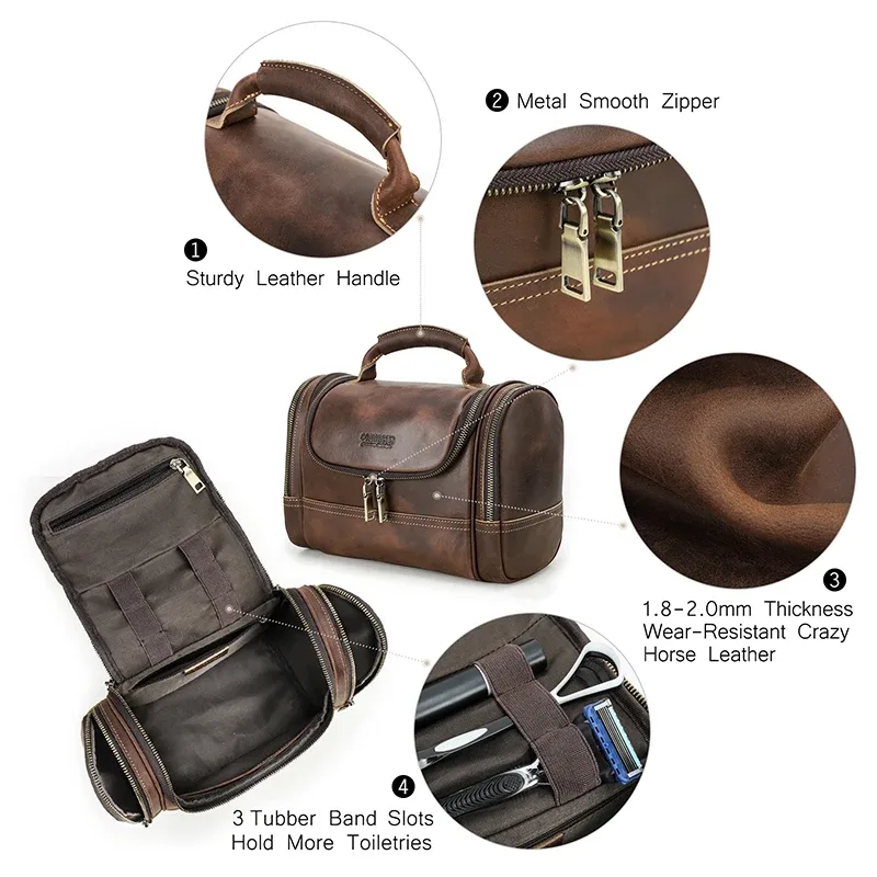 trousse toilette cuir vache marron vieille crazy horse multi compartiments zip bandes contrastantes travail affaires voyage