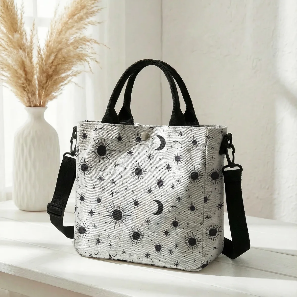 sac fourre-tout violet imprimé soleil, lune et étoiles, avec bandoulière amovible, sac à main pour femme, pour les courses quotidiennes