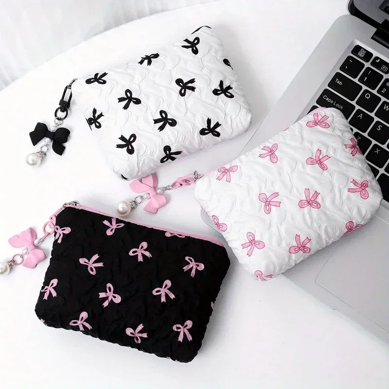 pochette à maquillage brodée avec nœud, design élégant, porte-monnaie, sac de rangement, mignon, grande capacité, trousse de maquillage haut de gamme