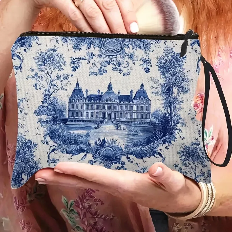 pochette de maquillage de style château français avec imprimé vintage classique et motif en porcelaine double face, pochette de rangement pratique pour voyage avec dragonne