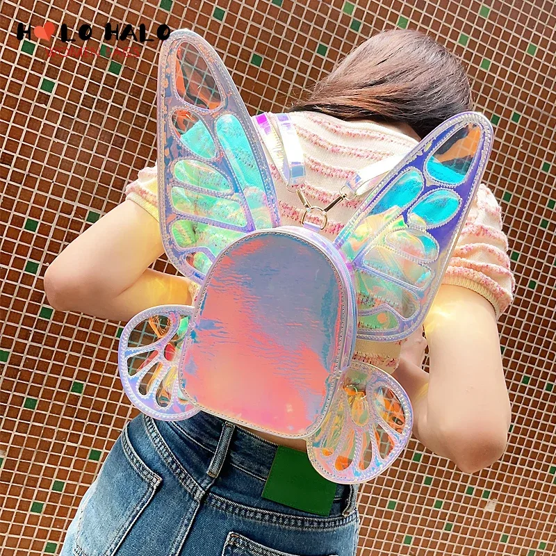 sac à dos drôle d'ailes de papillon d'ange sac à dos d'école laser pour femme pour fille voyage sac à dos décontracté sac d'école en cuir holographique