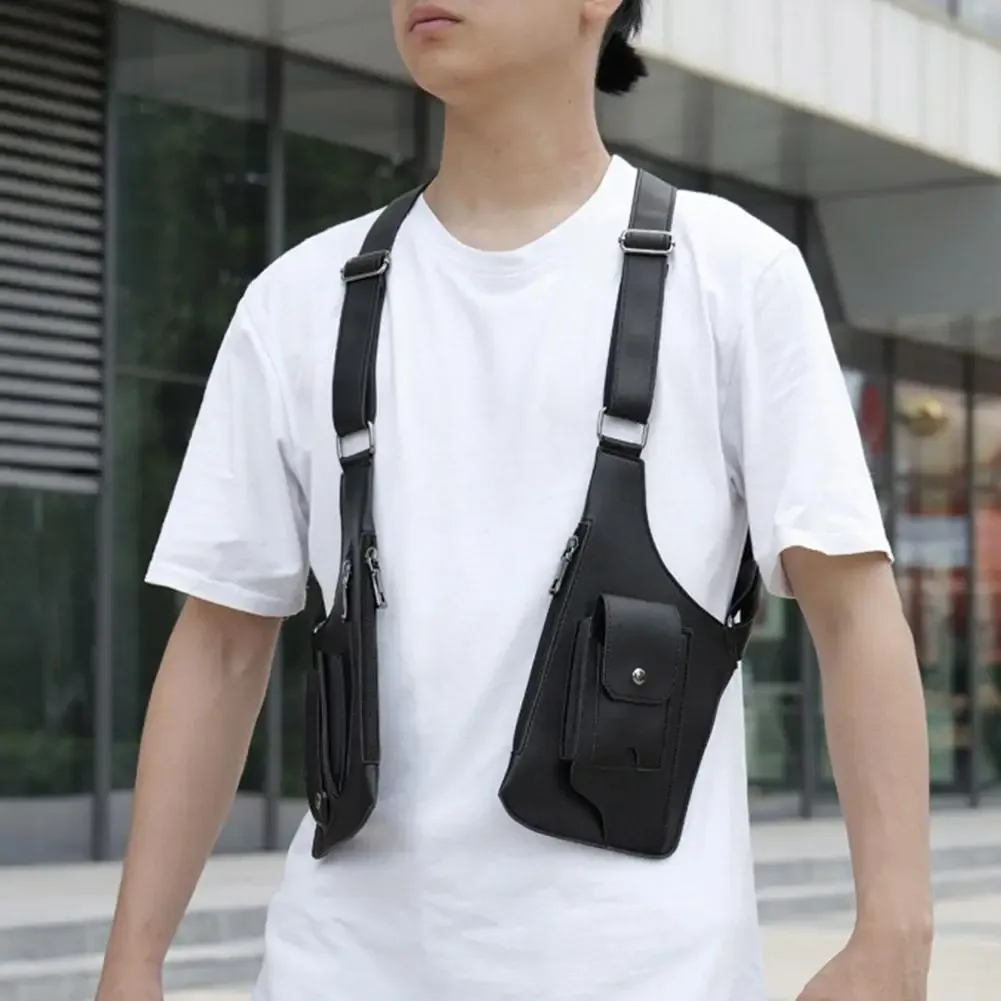sac de poitrine style gilet, sac à dos utilitaire en cuir pu, streetwear réglable, sac à bandoulière tactique pour gilet pour moi l9b4