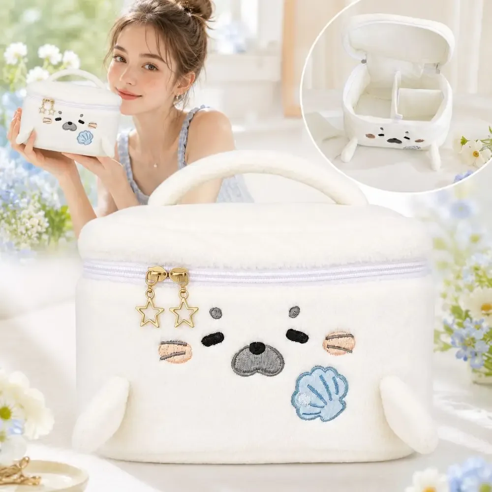 trousse de maquillage grande capacité motif brodé fluffy little seal, sac cosmétique portable de voyage multifonctionnel