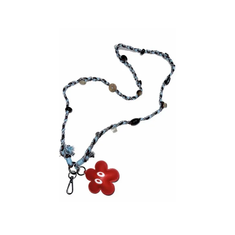 chaîne téléphone plastique fleur rouge fleurs perles dorées tressée bleu marron style ethnique pendentif bandoulière kawaii