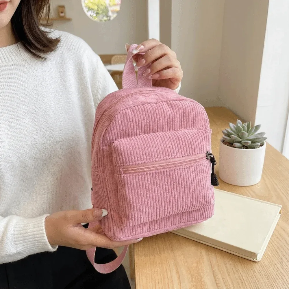 mini sac à dos polyvalent en velours côtelé de couleur unie, léger, avec fermeture éclair, double bandoulière, multi-poches, sac à dos vintage pour le quotidien et les voyages