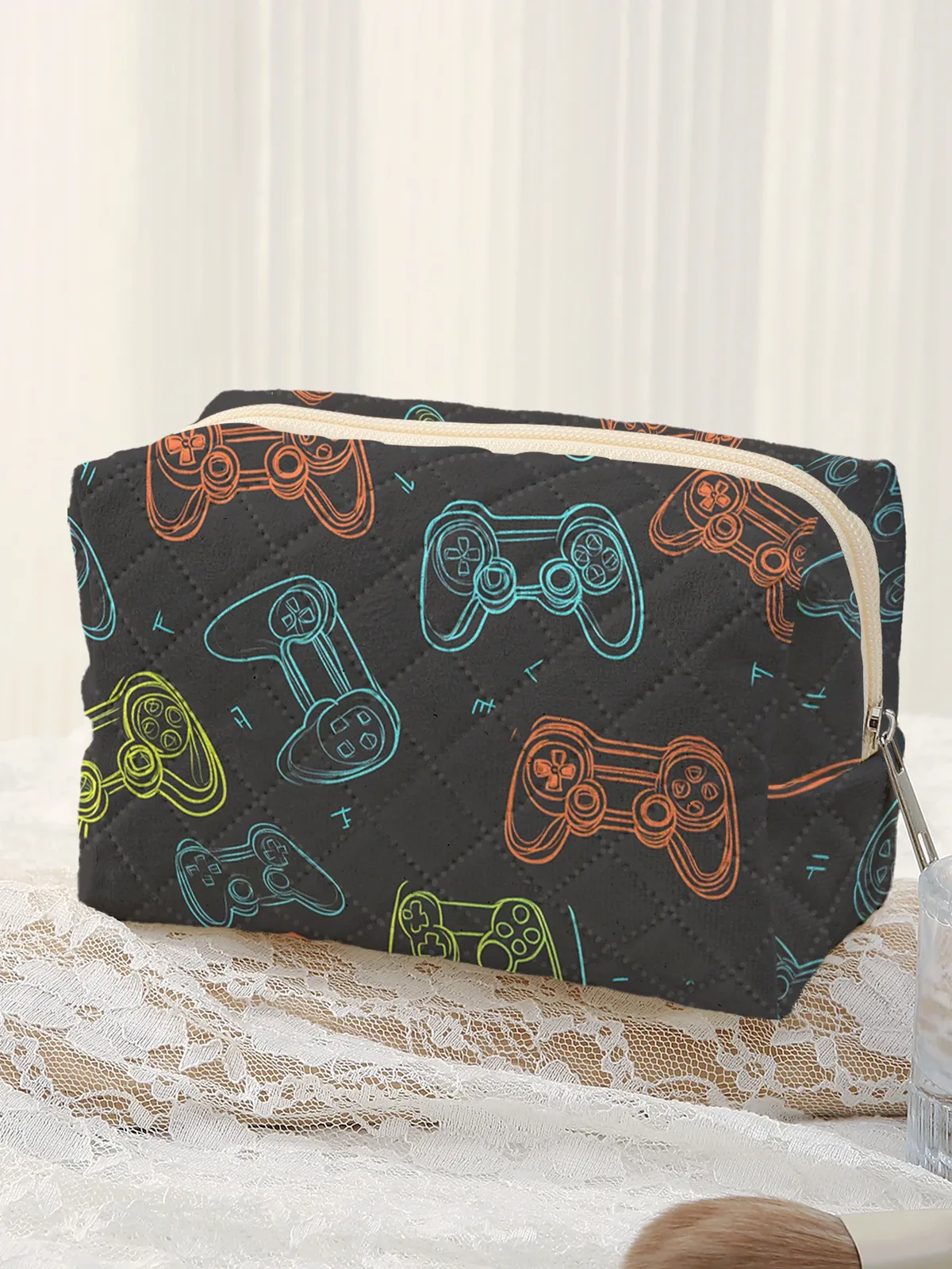 grande trousse de toilette matelassée avec imprimé manette de jeu néon, pochette de maquillage zippée pour garçons gamers, sac de rangement quotidien pour voyage