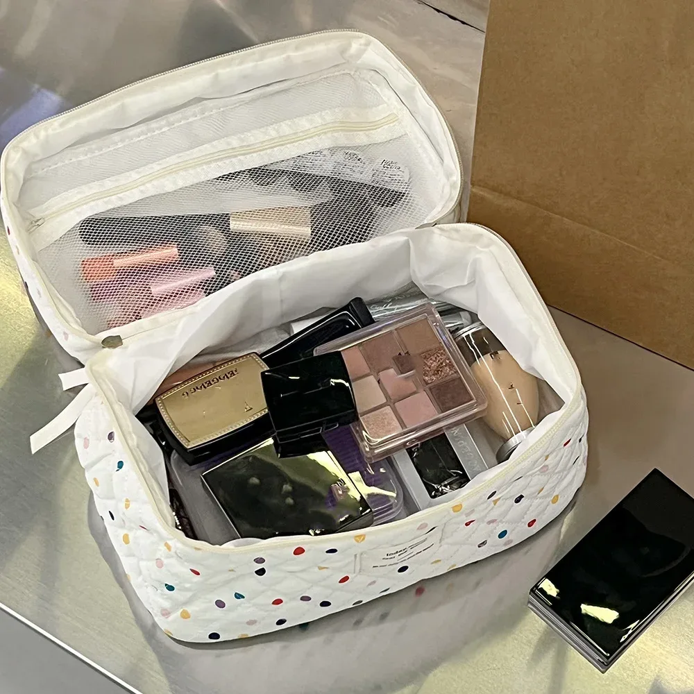 sac de rangement de maquillage pour femmes, fourre-tout à points colorés, organisateur de voyage portable, sac matelassé pour cosmétiques, pochette pour dames pour rouges à lèvres