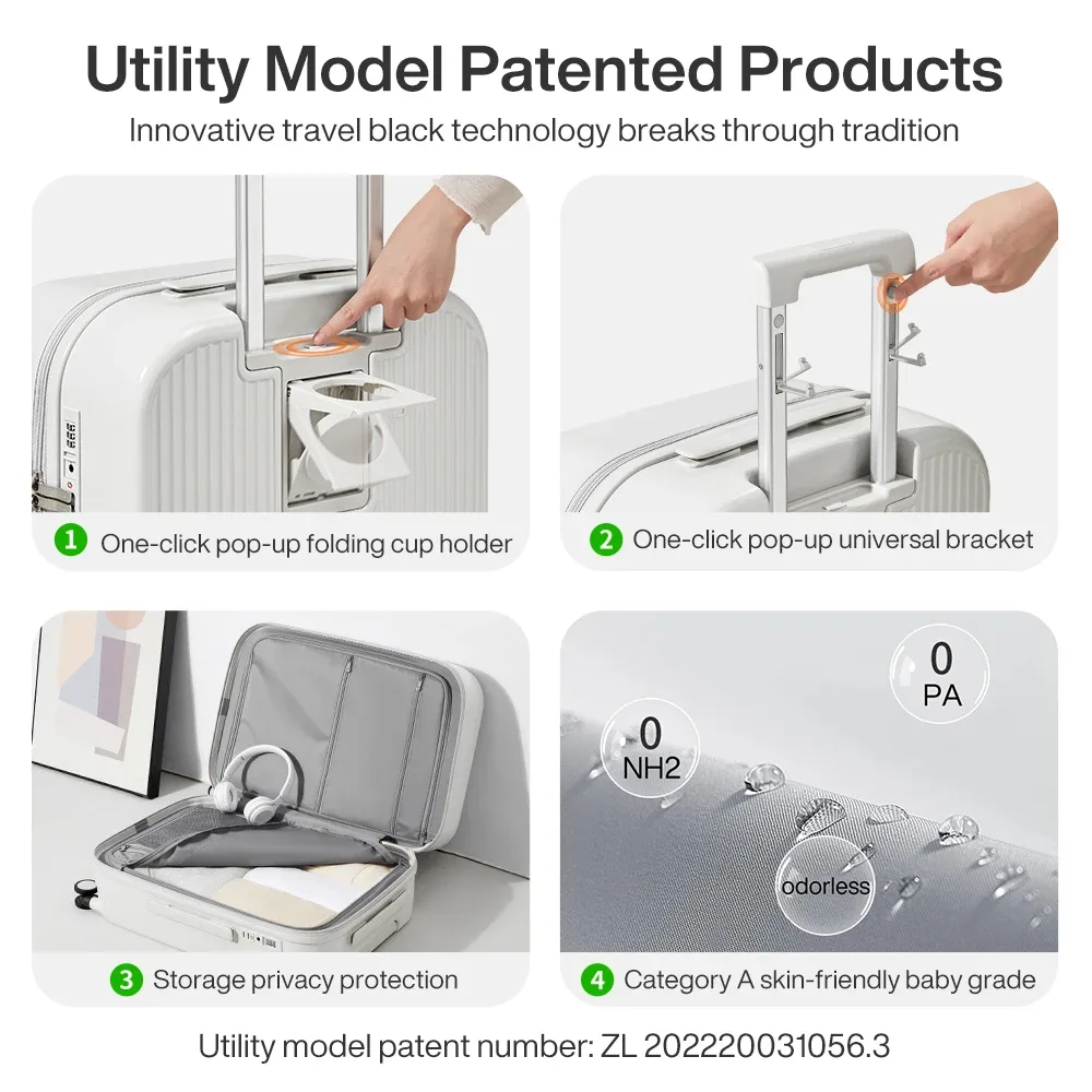 mixi nouveau design valise bagage à main avec tasse support pour téléphone coque rigide bagage roulant pc spinner roues boîtier de chariot