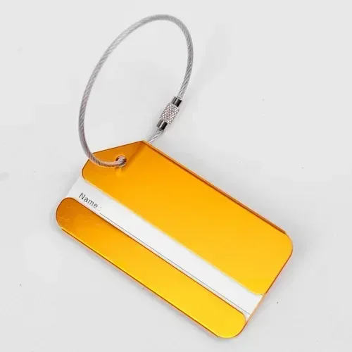 étiquette bagage métallique orange blanche bande horizontale géométrique identification voyage accessoires voyage porte adresses