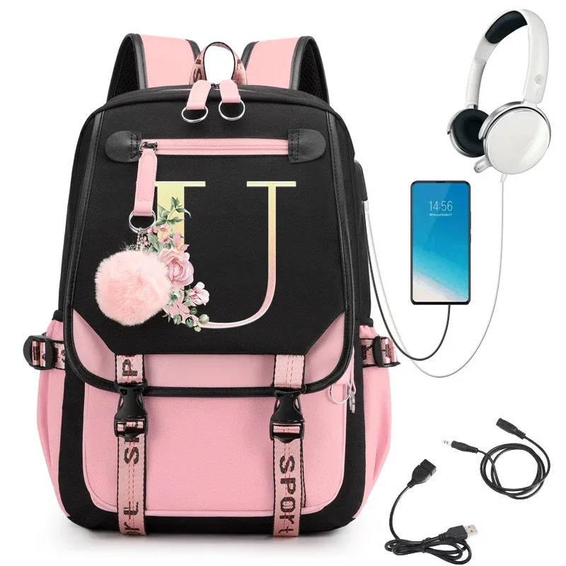 sac à dos rose graphique or imprimé lettre fleur a-z alphabet épaule sac adolescente mode fille sac à dos lycée sacs à dos