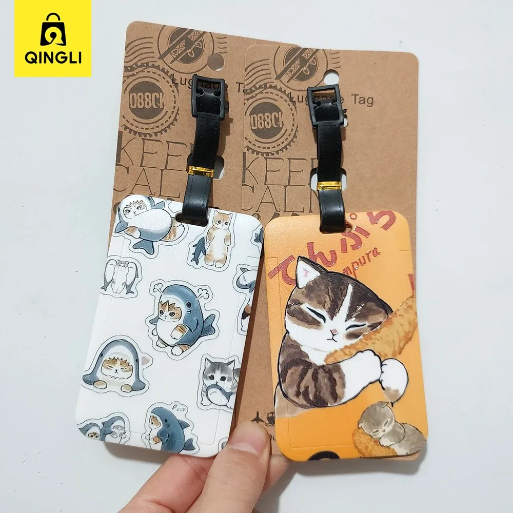 nouvelle étiquette de bagage mignonne en forme de requin et de chat, porte-carte de bus en pvc de dessin animé, housse portable pour valise de voyage, étiquette anti-perte, étiquette d'adresse
