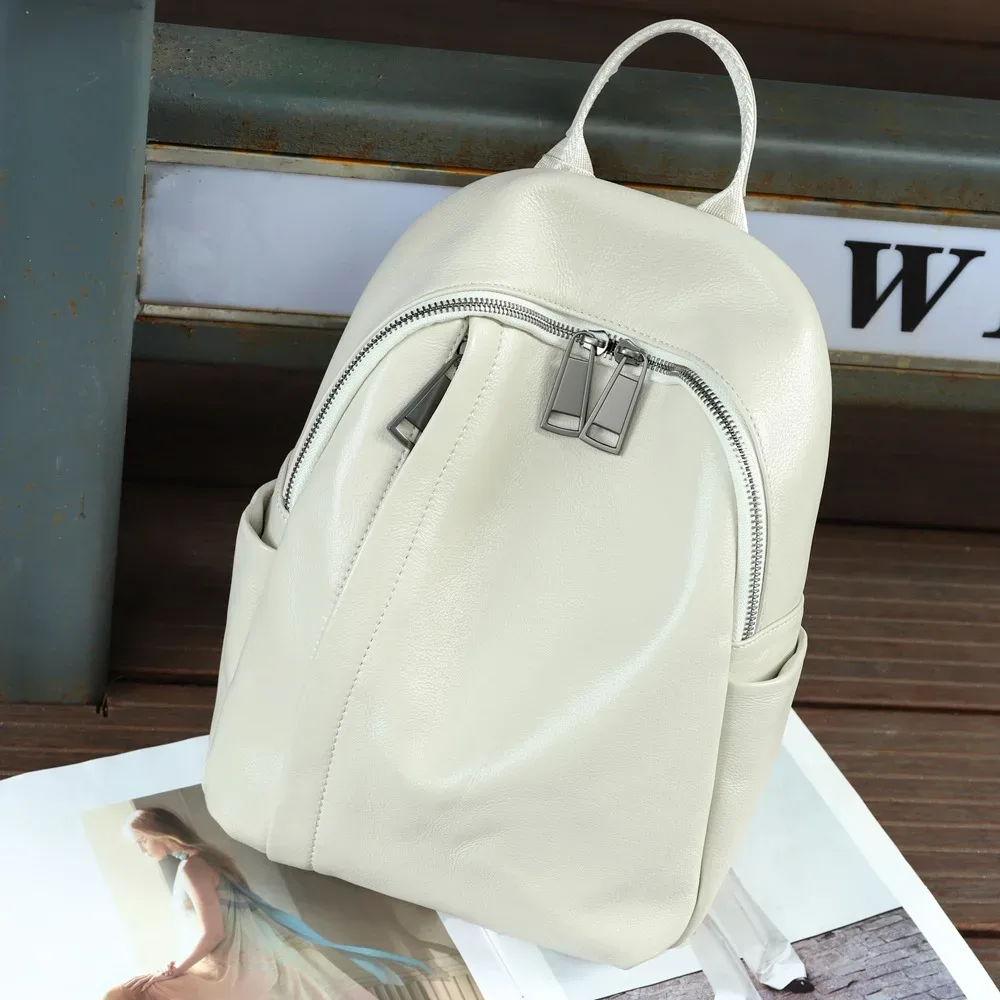 sac à dos en cuir véritable pour femmes, sac à bandoulière d'école à la mode pour dames, sac de voyage en cuir de vache à motif solide, nouvelle collection 2025