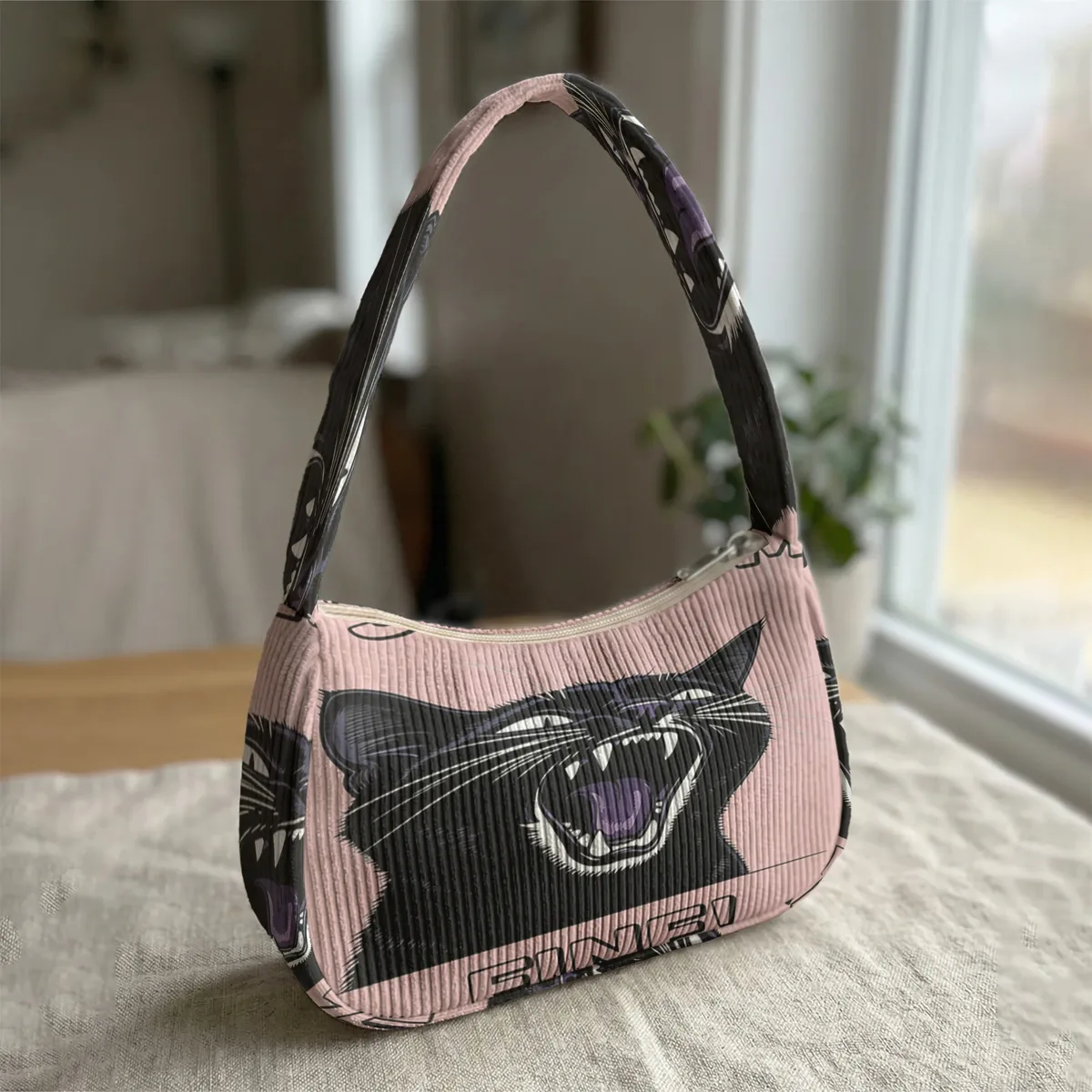 sac à bandoulière tendance imprimé chat noir en colère, sac sous le bras en velours côtelé pour un usage quotidien décontracté