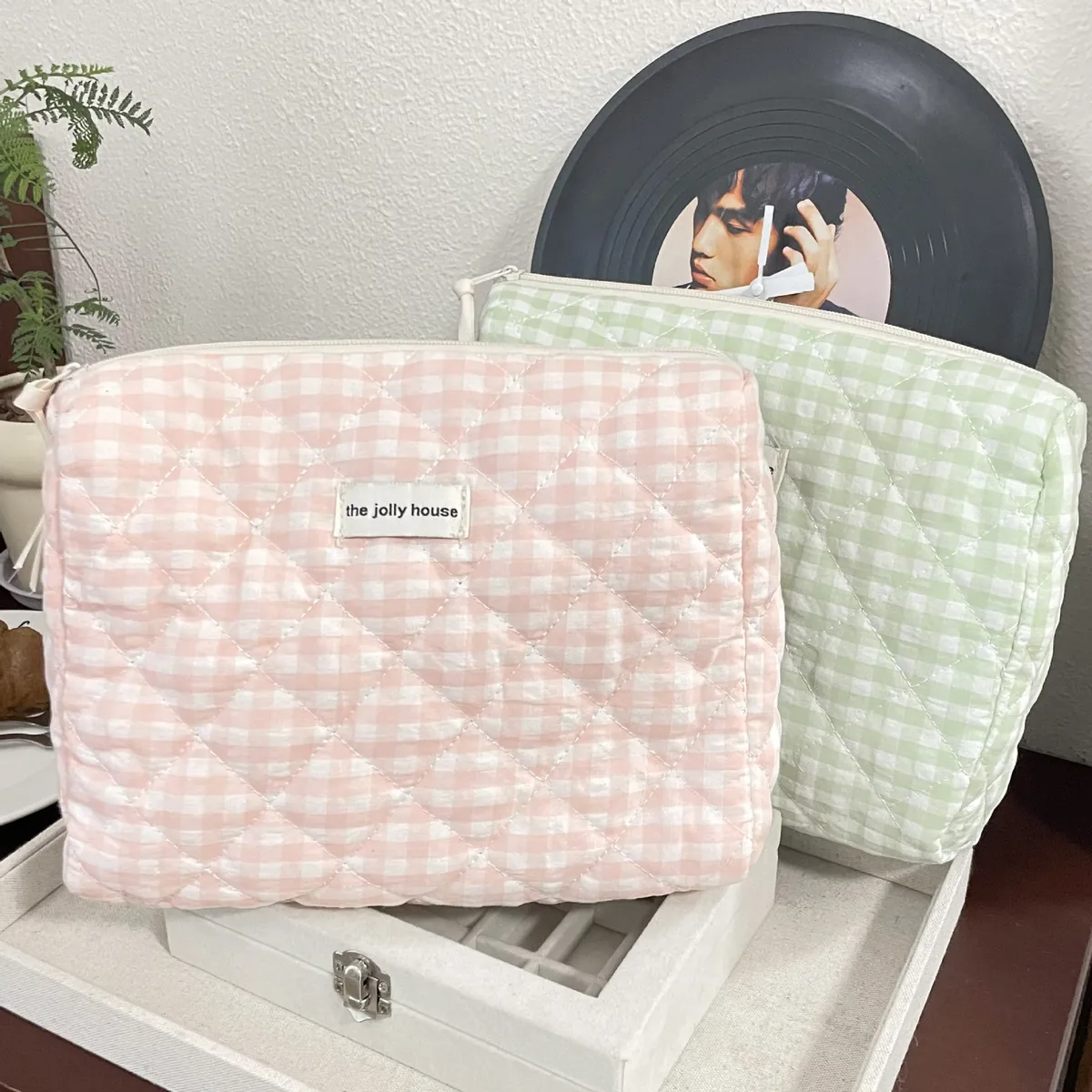 trousse de maquillage matelassée en coton à carreaux rose et vert grande capacité style coréen mignon portable sac de rangement cosmétique et trousse de toilette