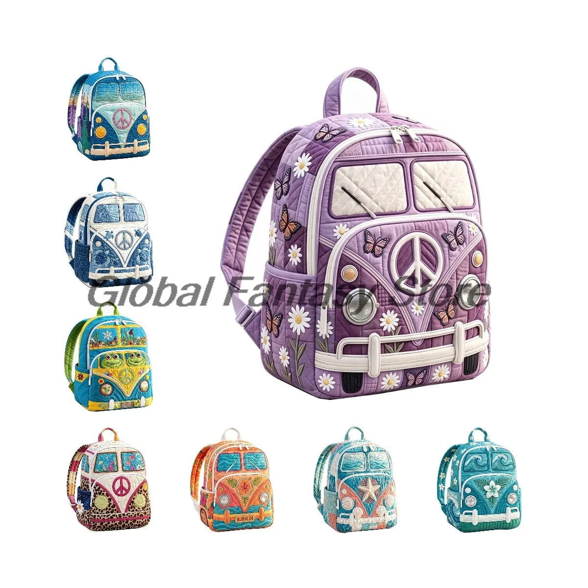 Sac à dos matelassé Hippie Van avec imprimé vintage signe de paix, sac de voyage pour femmes et hommes, sac à dos d'extérieur