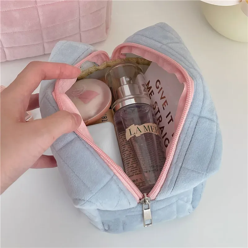 grand sac à cosmétiques de couleur unie à fermeture éclair, trousse de maquillage en fourrure mignonne pour femmes, trousse de toilette de voyage, pochette de lavage, pochette pour stylos en peluche
