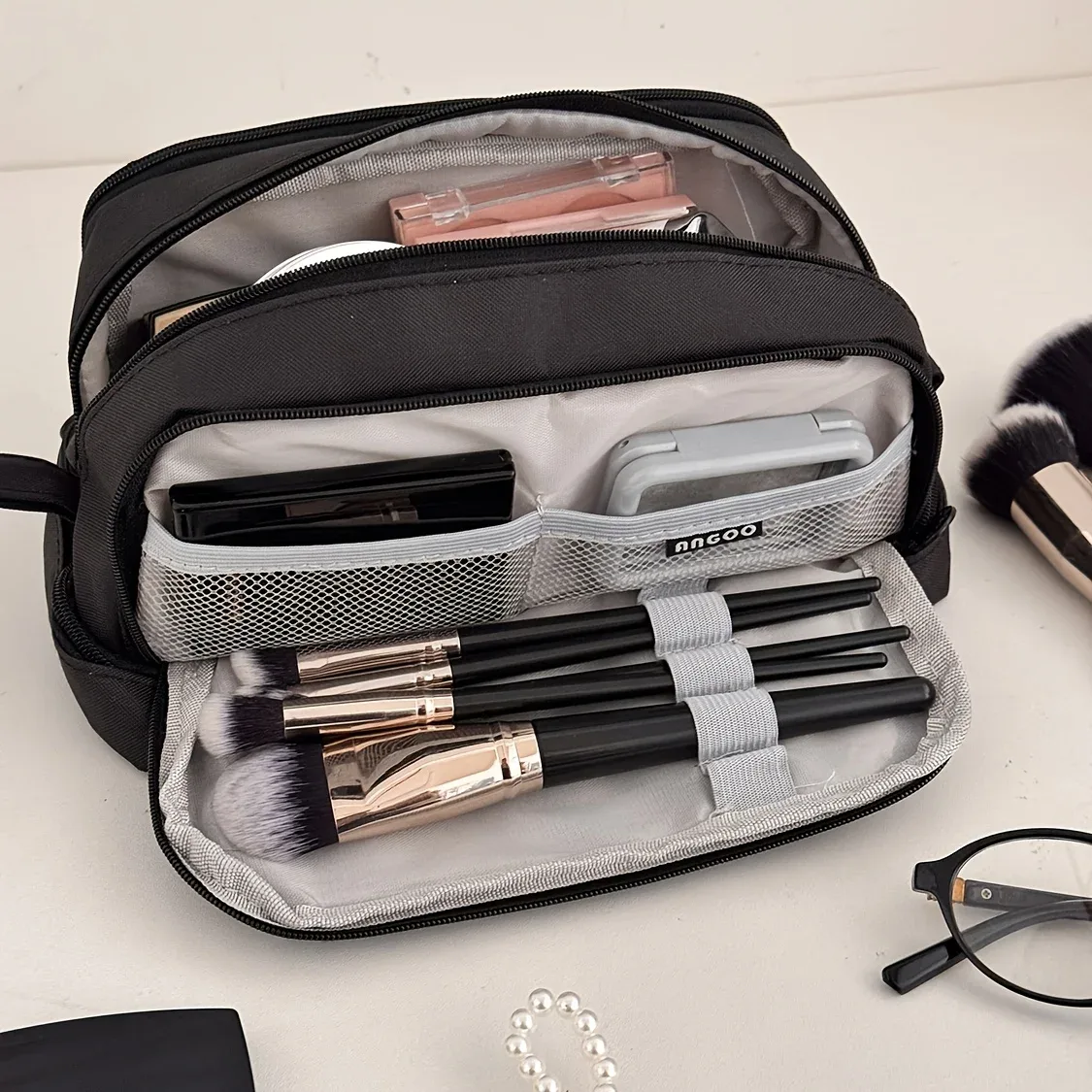 sac de maquillage de voyage portable à 3 couches, organiseur de cosmétiques de grande capacité avec compartiments, pochette de rangement mignonne pour femmes