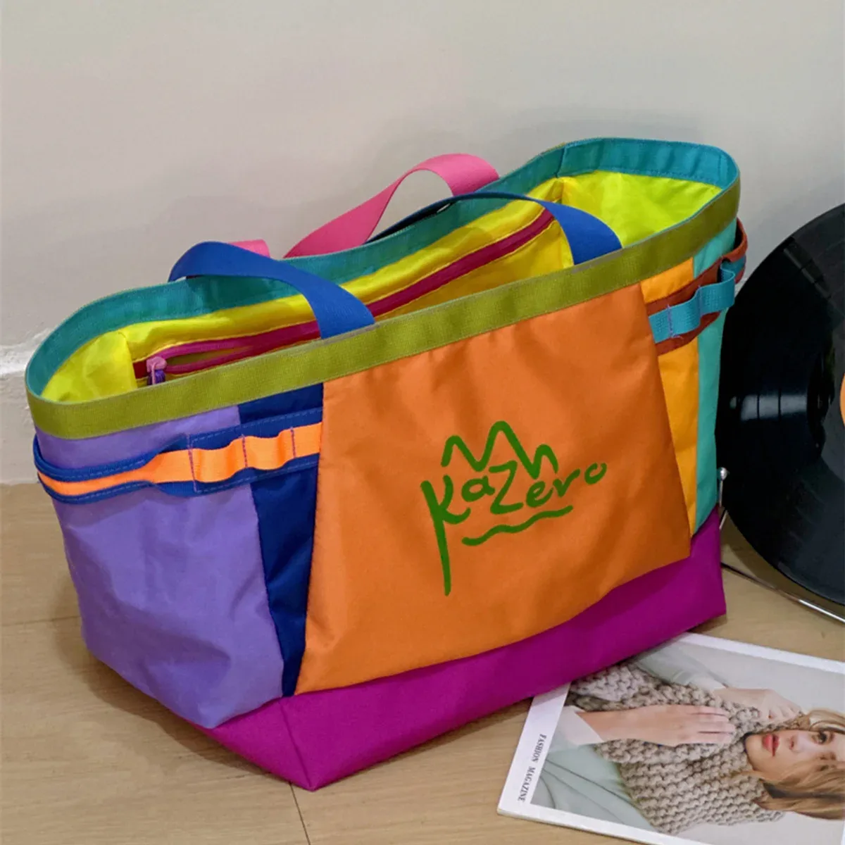 sac fourre-tout sportif pour femme dopamine, sac à bandoulière colorblock avec logo, sac à main multifonction à grande capacité pour les déplacements et le sport