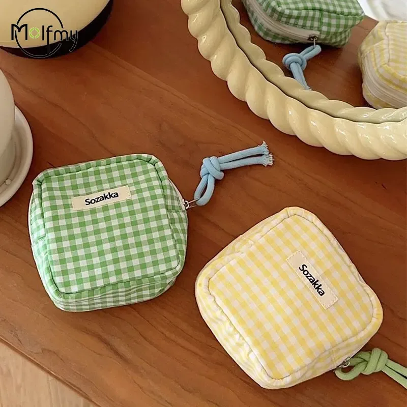 mini sac à cosmétiques à carreaux pour maquillage, couleur bonbon, sacs de rangement pour serviettes hygiéniques, portefeuille en tissu de coton, pochette, nouveau 2025