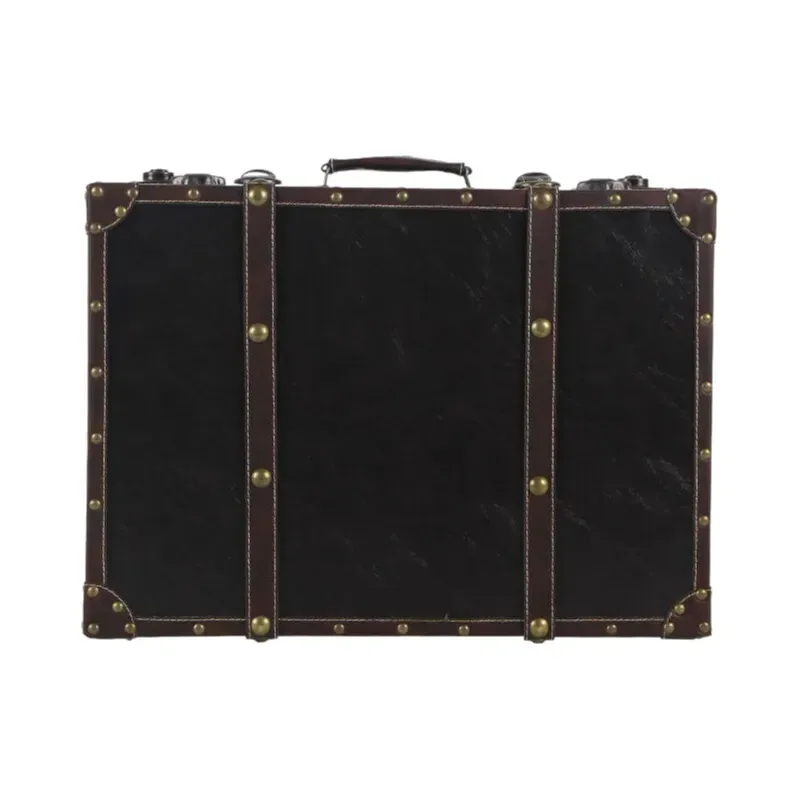 valise pu cuir simili vintage ligne verticale verde foncée roulettes poignées cuir marron rivets dorés voyage décoration maison