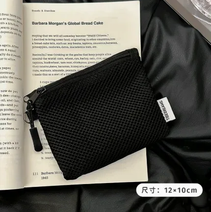 sac en maille de couleur unie, fermeture éclair double couche, mini sac de rangement pour articles divers, portefeuille portable, sac pour rouge à lèvres et cosmétiques