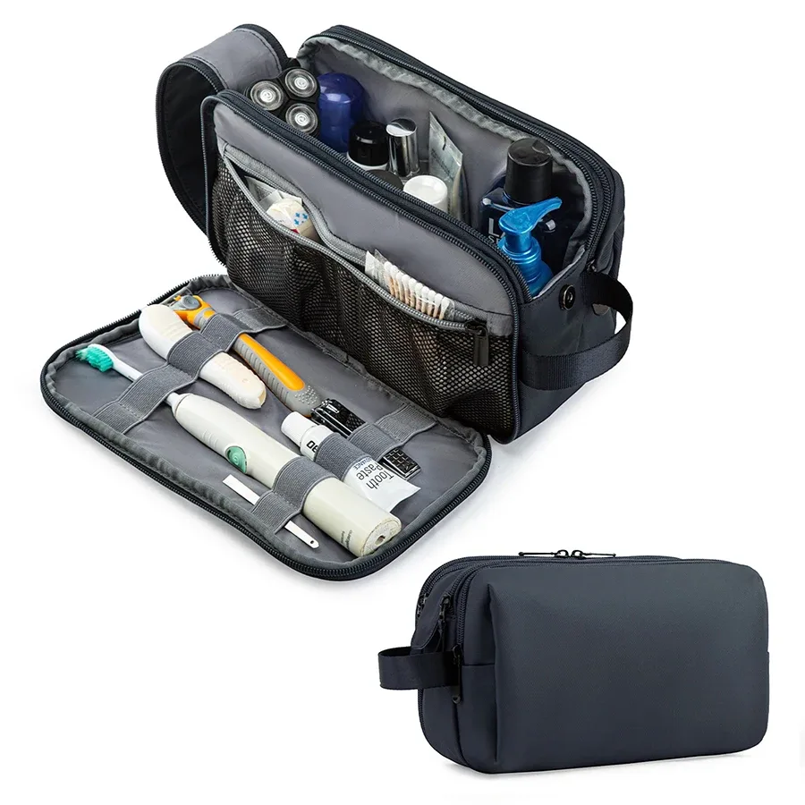 trousse polyester noire organisée voyage cosmétique rasoir maquillage humidifiant sècheporte ordonnancement bouteille pliante extensible