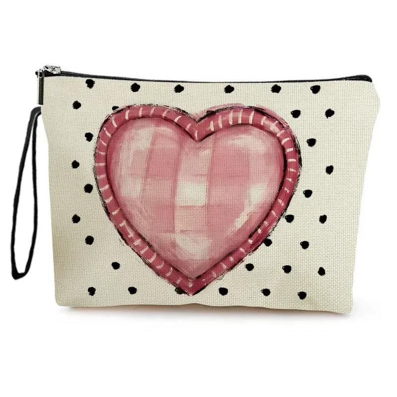 pochette de maquillage double face en forme de cœur rose pour la saint-valentin, sac de voyage pour rouge à lèvres, sac à crayons pour étudiant, sac à fermeture éclair pour cadeau