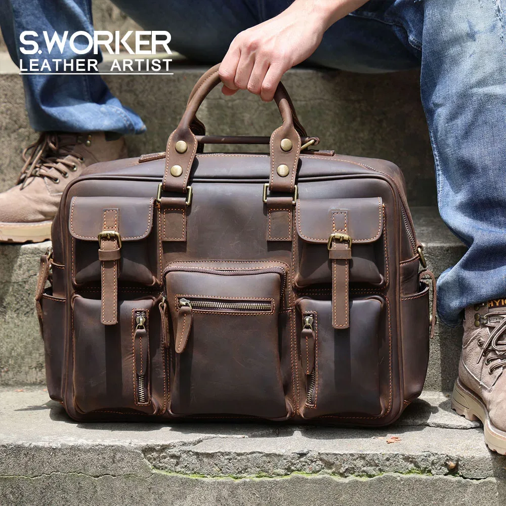 Sac à main vintage pour homme en cuir pleine fleur, sac messager pour ordinateur portable 16 pouces, sac de voyage d'affaires en cuir véritable, cuir Crazy Horse.