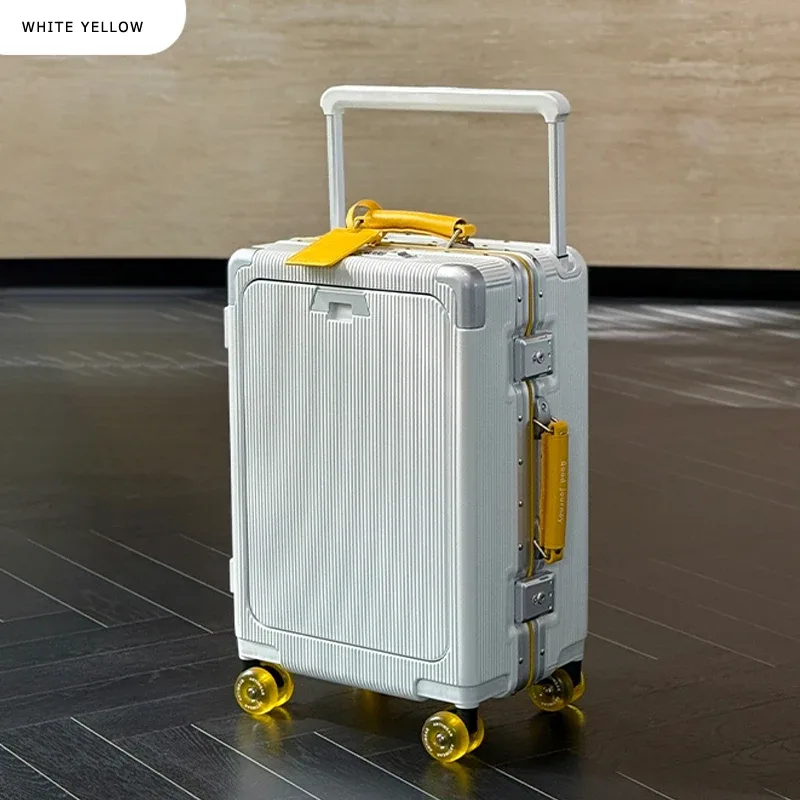 valise roulettes toupie poignée supérieure texture rugueuse couleur blanche accents violet doré usage voyage