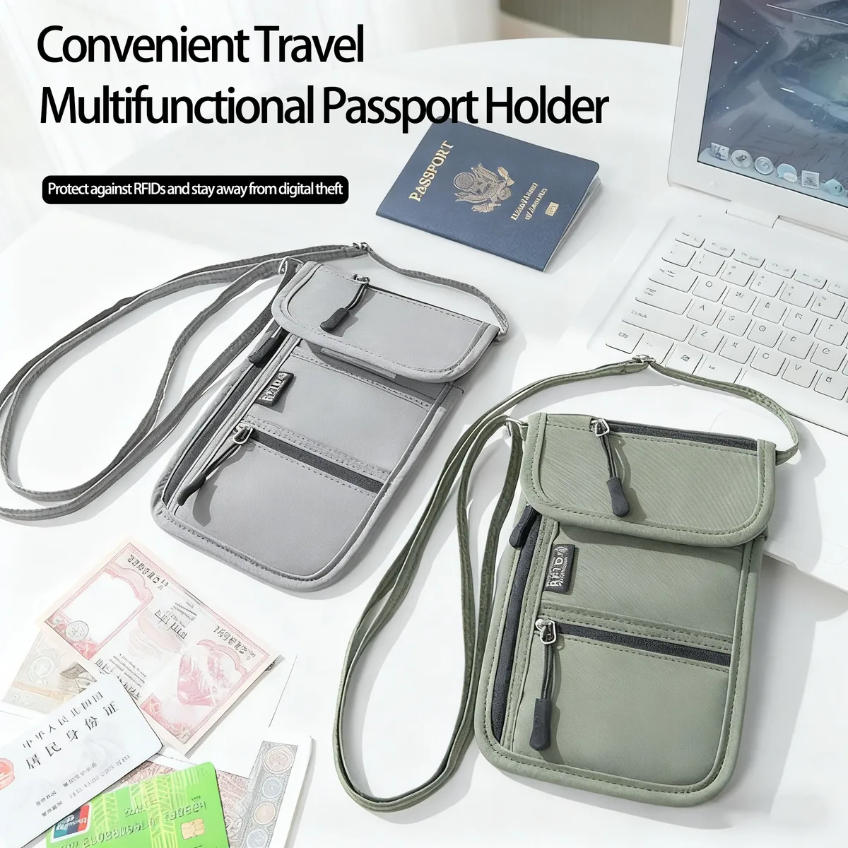 portefeuille de cou personnel avec blocage rfid, porte-passeport de voyage, pochette de cou cachée, organisateur super léger avec sangle réglable