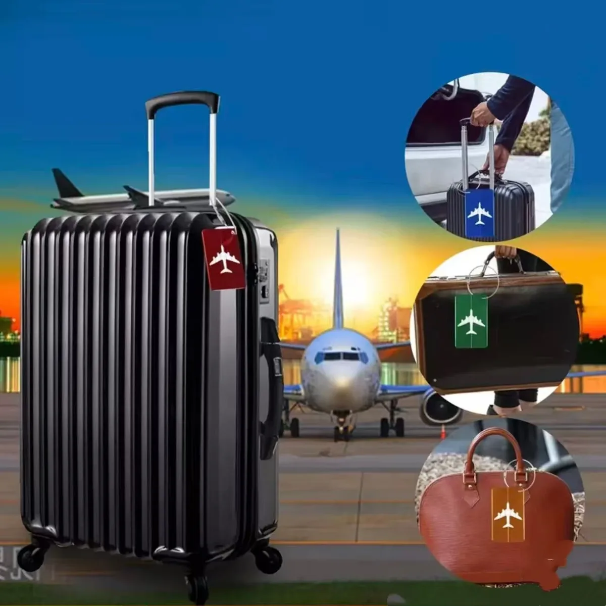 étiquette bagage métallique silhouette avion blanc noir rouge bleu orange violet carte information contact accessoires voyage