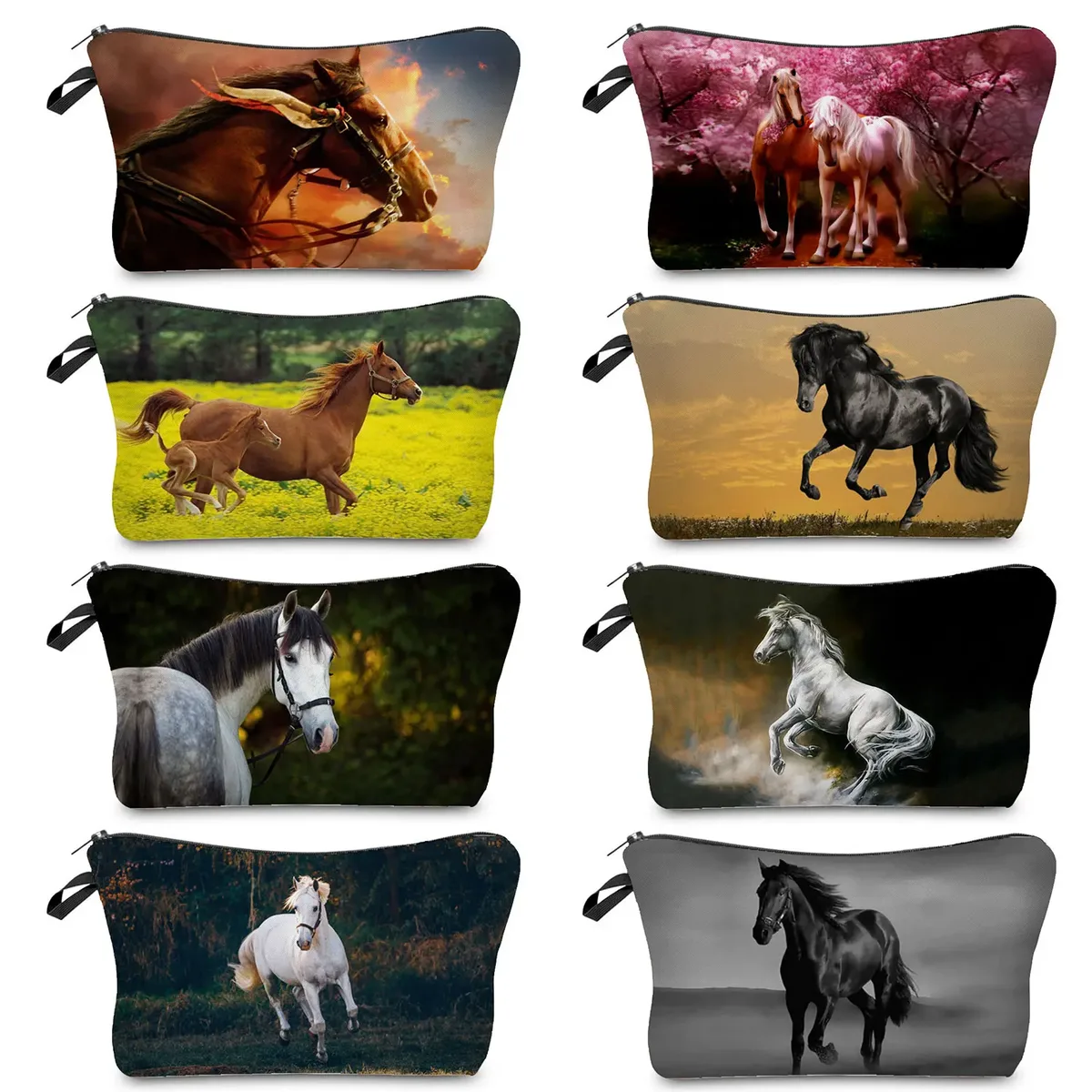 sacs de maquillage imprimés cheval pour femmes, sac à cosmétiques décontracté pour filles, mini trousse de toilette écologique réutilisable de voyage, trousse à crayons pour étudiants