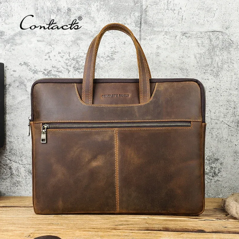 porte documents cuir vache crazy horse marron fermeture éclair poignée souple 37 5x29 5cm voyage affaires