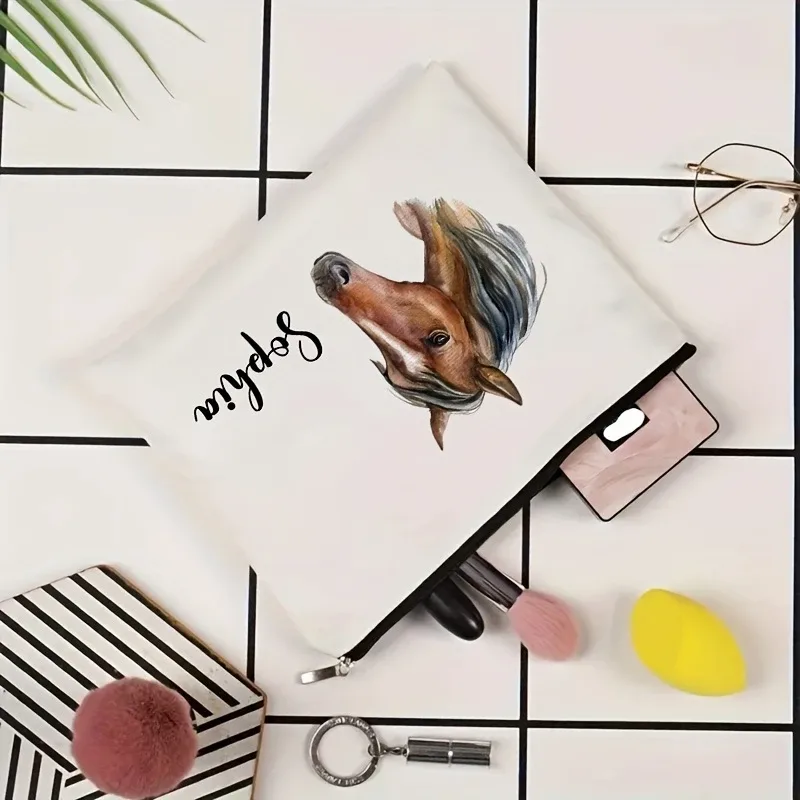 trousse de maquillage personnalisable à motif cheval, pochette cosmétique légère avec fermeture éclair, option de nom personnalisé