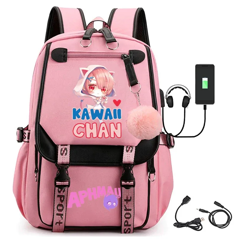 sac dos toile noire broderie fille chat bleu texte aphmau rose bandes latérales cuir sport poche rabat décontracté