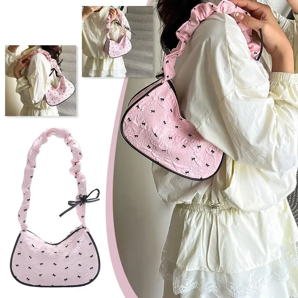 sac à bandoulière rose blanc, grande capacité, sacoche à nœud papillon, joli sac à main sous les bras pour adolescentes, école, collège, tenue décontractée l1q0