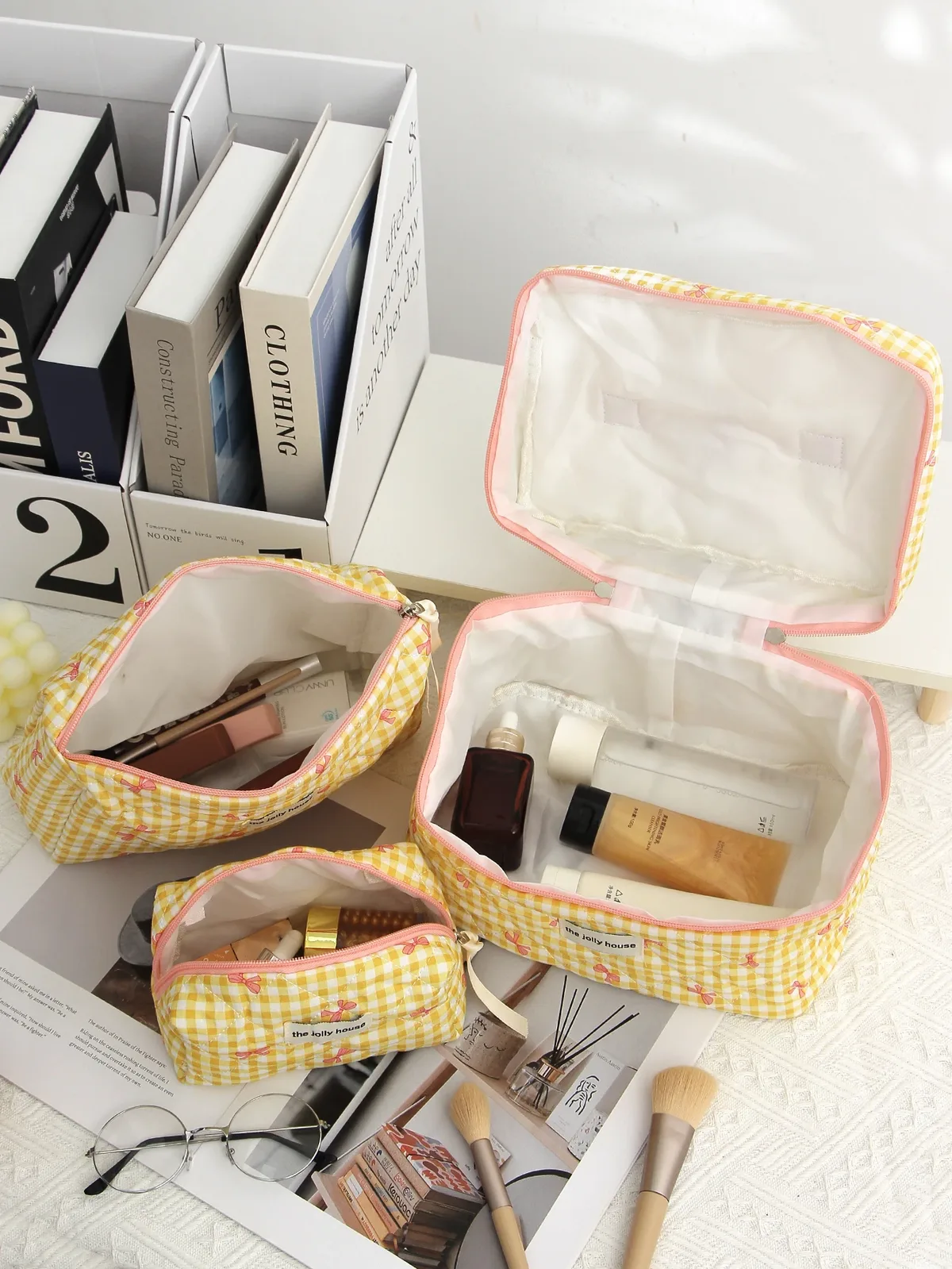 trousse polyester carreaux jaunes nœuds roses voyage cosmétiques maquillage grande capacité s m xl