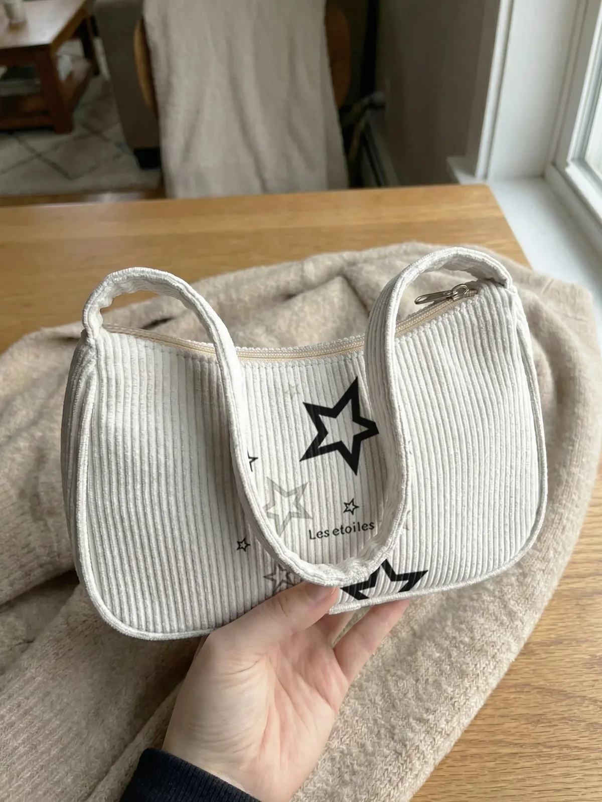 Sac à bandoulière tendance à imprimé étoiles, sac sous le bras en velours côtelé beige pour un usage quotidien décontracté