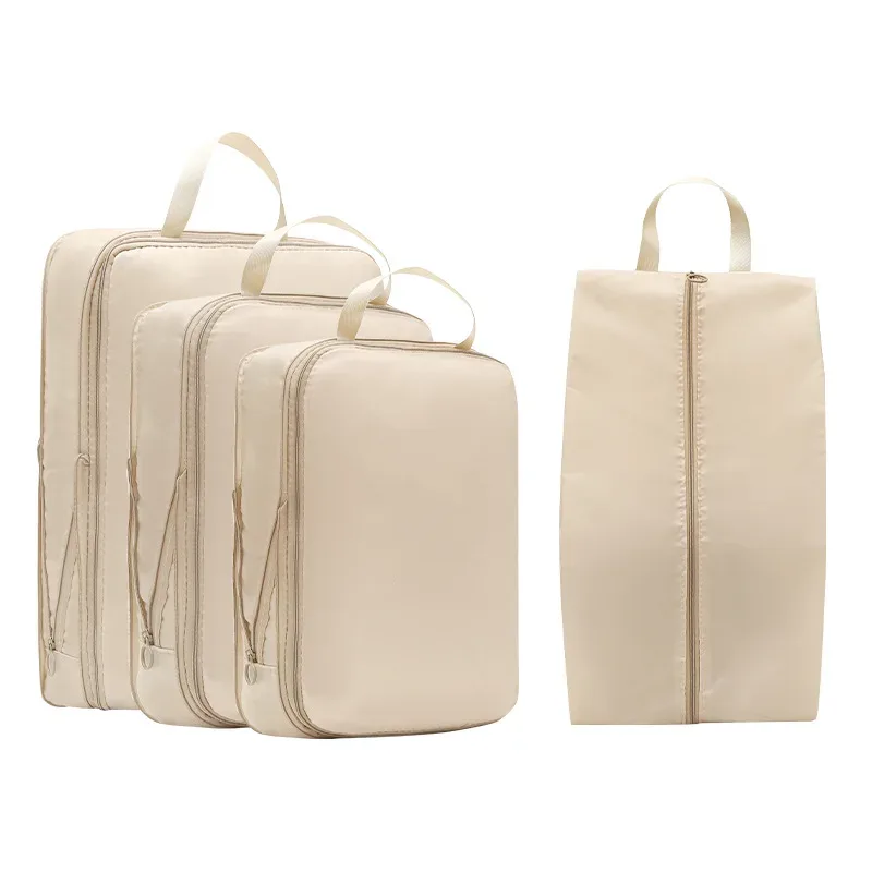 organisateur voyage polyester doux beige clair compartiments multifonctionnels organiser vêtements chaussures cosmétiques articles toilette
