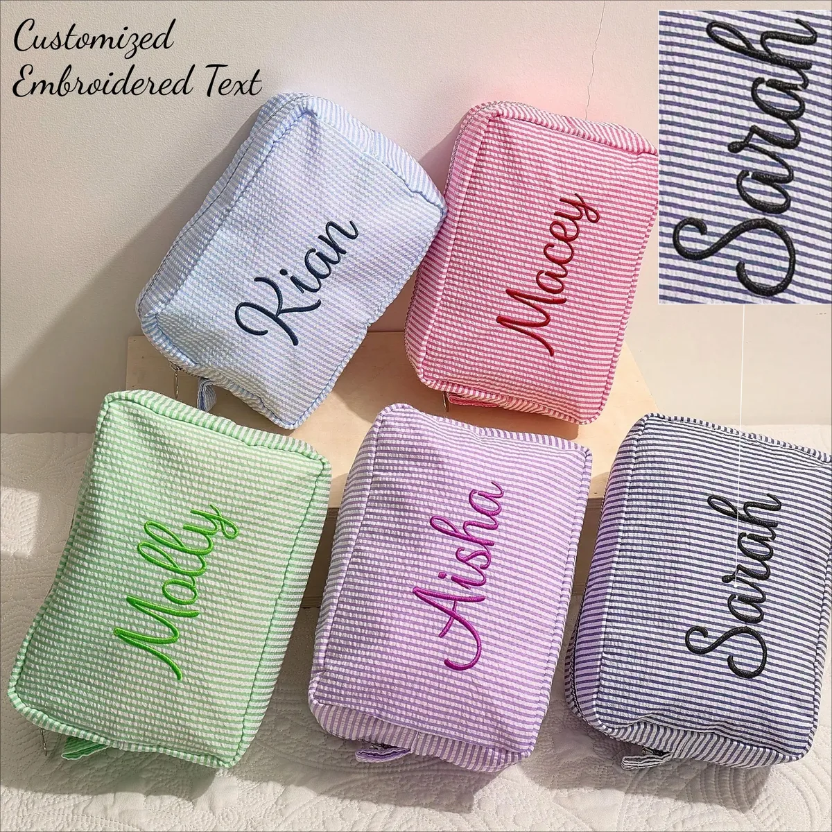 pochette cosmétique rayée personnalisée avec broderie de texte sur mesure, sac de voyage portable pour le rangement de maquillage et de soins de la peau diy