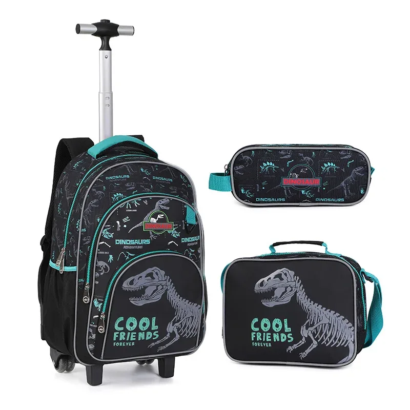 valise sac dos roulettes polyester noir bleu marine motif dinos saillies poche latérale épaule usage enfant garçon école voyage