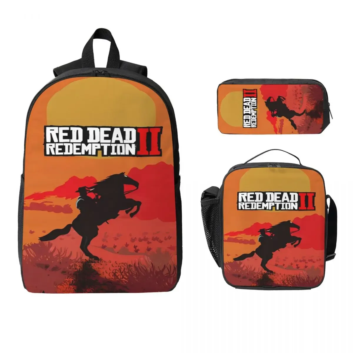 ensemble de sacs à dos imprimés red dead redemptions, 3 pièces, pour filles et garçons, sacs à stylos, ensembles de sacs à livres avec boîte à déjeuner pour écoliers