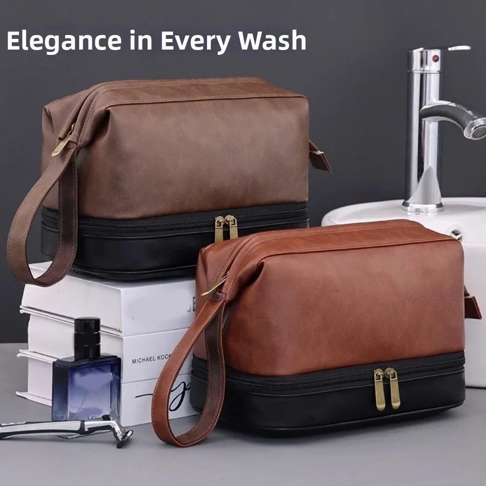 Trousse de toilette homme grande capacité en cuir PU rétro, étanche avec séparation sec-humide, pochette de maquillage professionnelle pour salle de bain