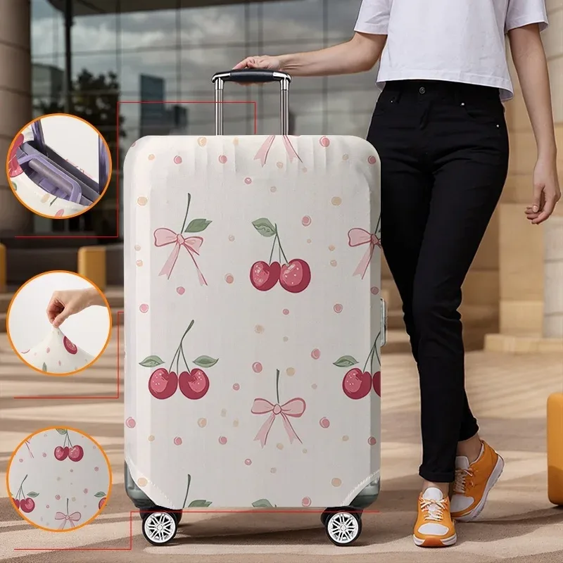 Housse de protection pour bagages à motif de pois blanc laiteux Cherry Bow, adaptée aux housses de bagages de 18 à 32 pouces, gants pour poignée de bagage